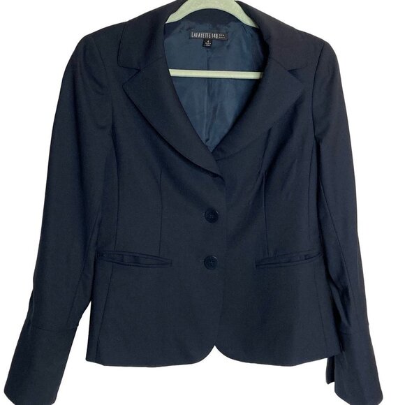 Lafayette 148 NY Navy 3 Button Open Cuff Career Wool Bnd Blazer Jacket Sz 4 READ - Picture 1 of 7